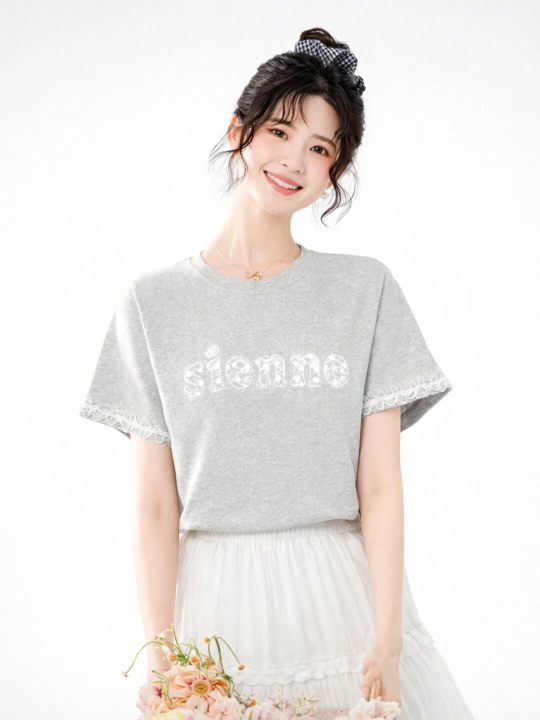 Kulrang futbolka, Lace futbolka, Print futbolka, Casual top, Korean top, estetik futbolka