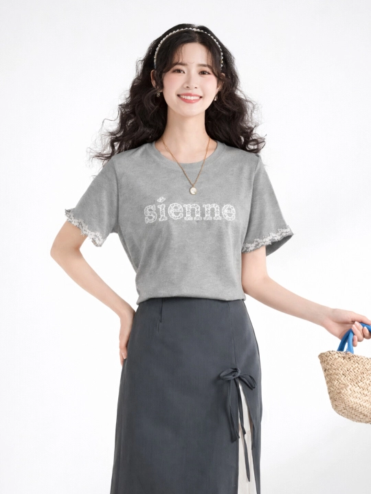 Kulrang futbolka, Lace futbolka, Print futbolka, Casual top, Korean top, estetik futbolka