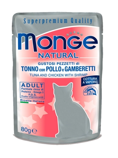 Влажный пауч корм для кошек Monge natural тунец, курица, креветки, 80 грамм
