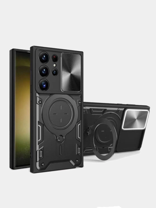 Samsung Galaxy S Ultra uchun zarbaga chidamli, halqali stendli va kamera himoyali g‘ilof
