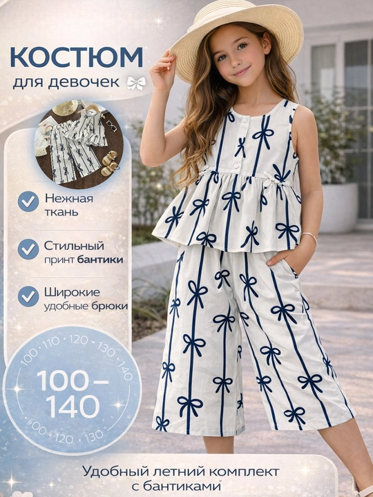 Qizlar uchun yozgi kostyum (kofta + shim), bantik printli - 