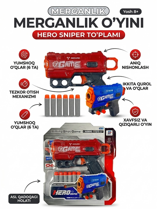 Hero Sniper Shot GunBolalar uchun xavfsiz blaster to'pponcha o'yinchoq to'plami, 8+ - 