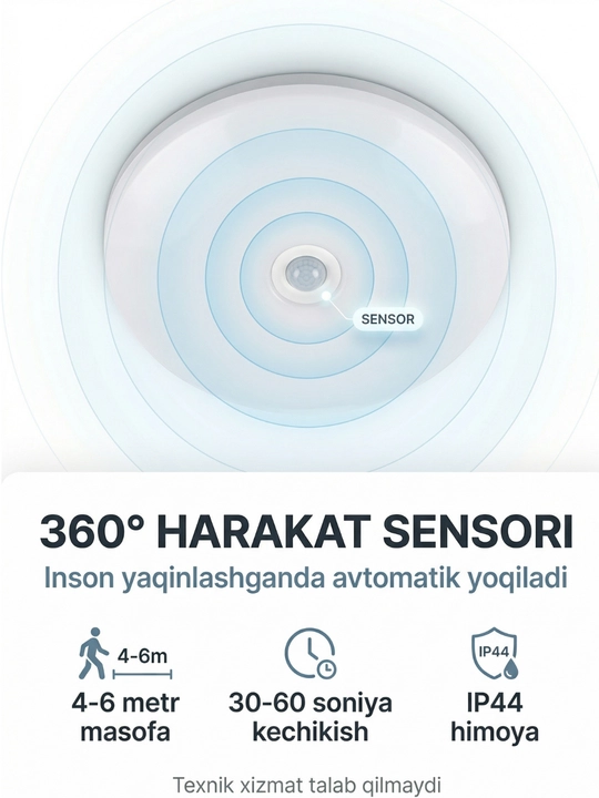 Dumaloq harakat sensorli LED ship chirog‘i 15W / 20W – inson harakati va ovozga sezgir led