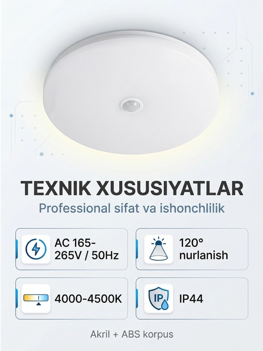Dumaloq harakat sensorli LED ship chirog‘i 15W / 20W – inson harakati va ovozga sezgir led