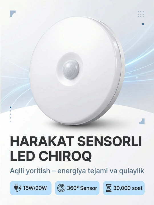 Dumaloq harakat sensorli LED ship chirog‘i 15W / 20W – inson harakati va ovozga sezgir led