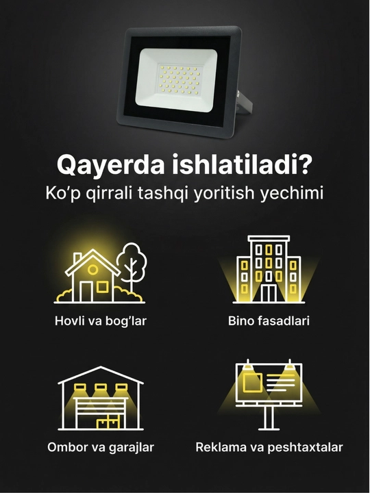 LED projektor 30W IP65 - tashqi yoritish uchun namlikdan himoyalangan projektor