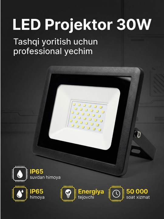 LED projektor 30W IP65 - tashqi yoritish uchun namlikdan himoyalangan projektor - 