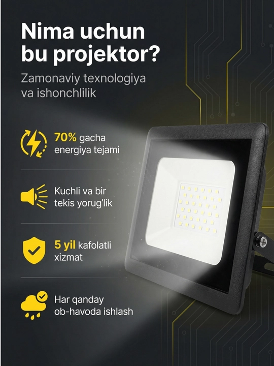 LED projektor 30W IP65 - tashqi yoritish uchun namlikdan himoyalangan projektor