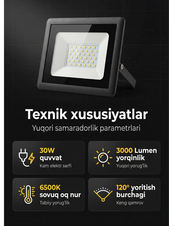 LED projektor 30W IP65 - tashqi yoritish uchun namlikdan himoyalangan projektor