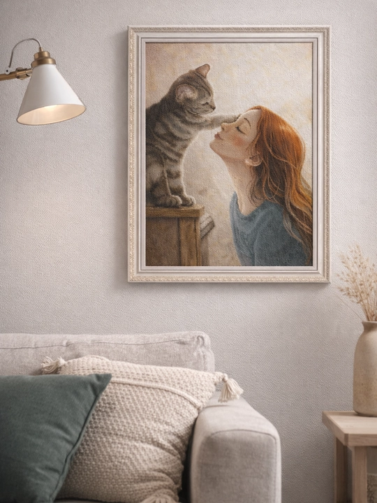Вышивка крестом, девочка и кошка, 50×60 см