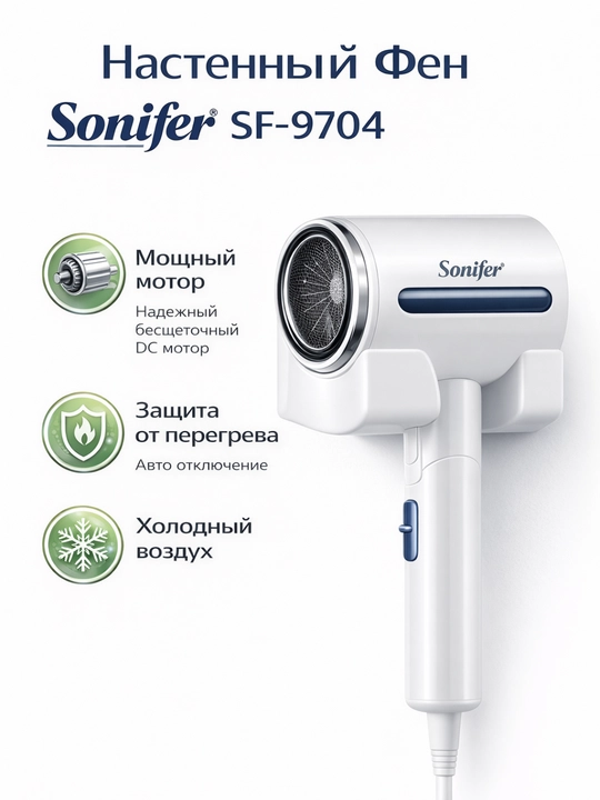 Фен для волос настенный Sonifer SF-9704, 2000W, белый, с насадкой - 