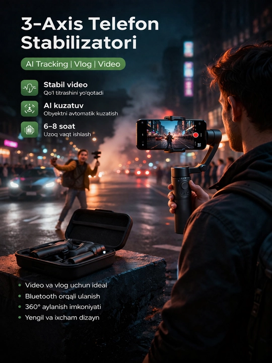 F5 Plus 3 o‘qli buklanadigan stabilizator - professional, smartfonlar uchun - 