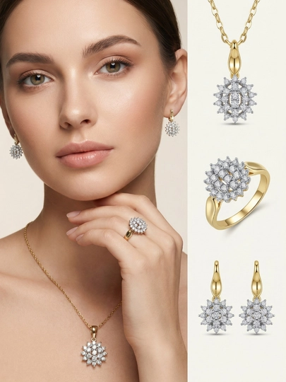 Комплект украшений, серьги, кольцо, цепочка, Messika Bvlgari, Vancleef — NOZE01-NABOR2026-АЛЫЙ-nab20