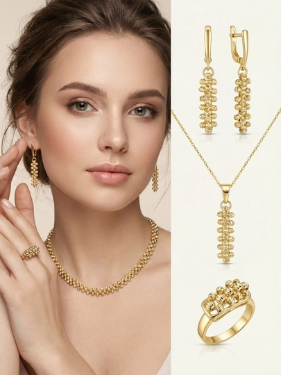 Комплект украшений, серьги, кольцо, цепочка, Messika Bvlgari, Vancleef — NOZE01-NABOR2026-ЗОЛХАКИ-nab20