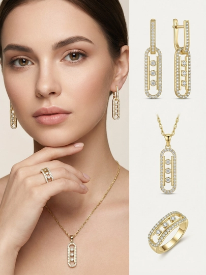 Комплект украшений, серьги, кольцо,  цепочка, Messika Bvlgari, Vancleef — NOZE01-NABOR2026-ЗОЛОТ-nab19