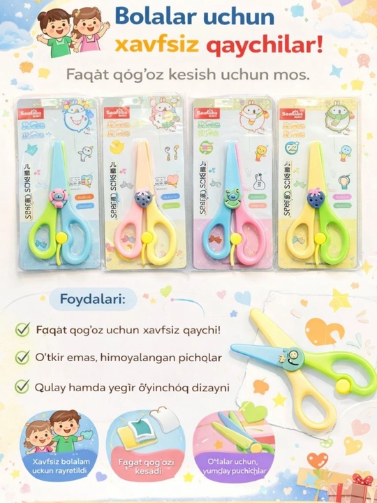 Bolalar uchun, xavfsiz, plastik qaychi, qog'oz, ijod uchun, o'rgatuvchi qaychi xavfsiz