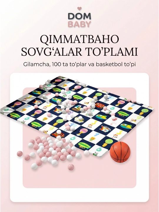 DOM BABY bolalar o'yin maydonchasi manej, gilamcha va 100 ta to'p bilan, 186x229 sm