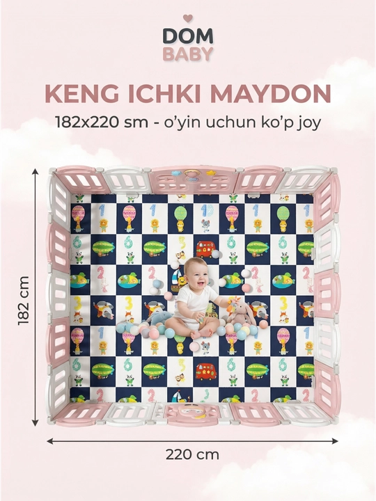 DOM BABY bolalar o'yin maydonchasi manej, gilamcha va 100 ta to'p bilan, 186x229 sm