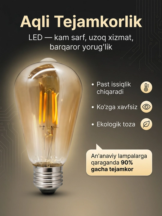 LED лампа Эдисона ST64 Amber 4W E27 2700K – декоративная ретро лампочка