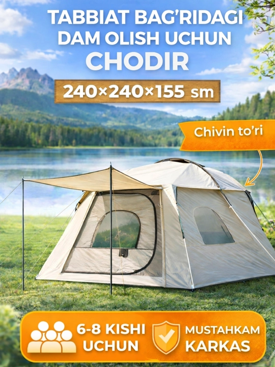 Palatka, 4-10 kishilik, oilaviy sayohat uchun chodir