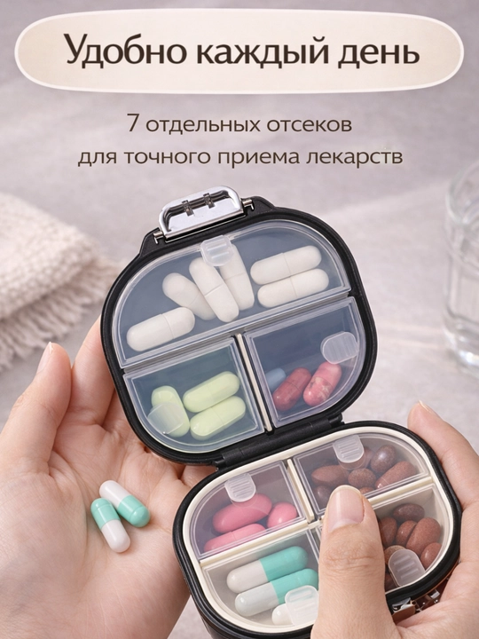 Таблетница на неделю, 7 секций — органайзер для лекарств и витаминов, компактный кейс