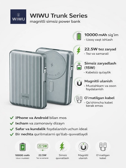 Магнитный беспроводной power bank WIWU Trunk Series