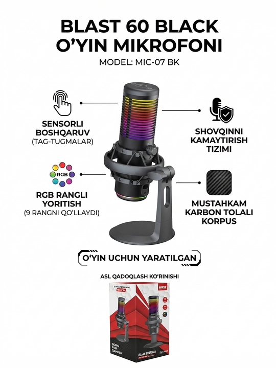 Компьютер Игровой микрофон MARVO Blast 60 Black MIC-07 BK, с RGB подсветкой - 