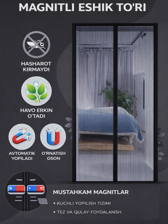 Magnitli eshik to‘ri, chivin va hasharotlarga qarshi, 210x100 sm, 210x120 sm - 