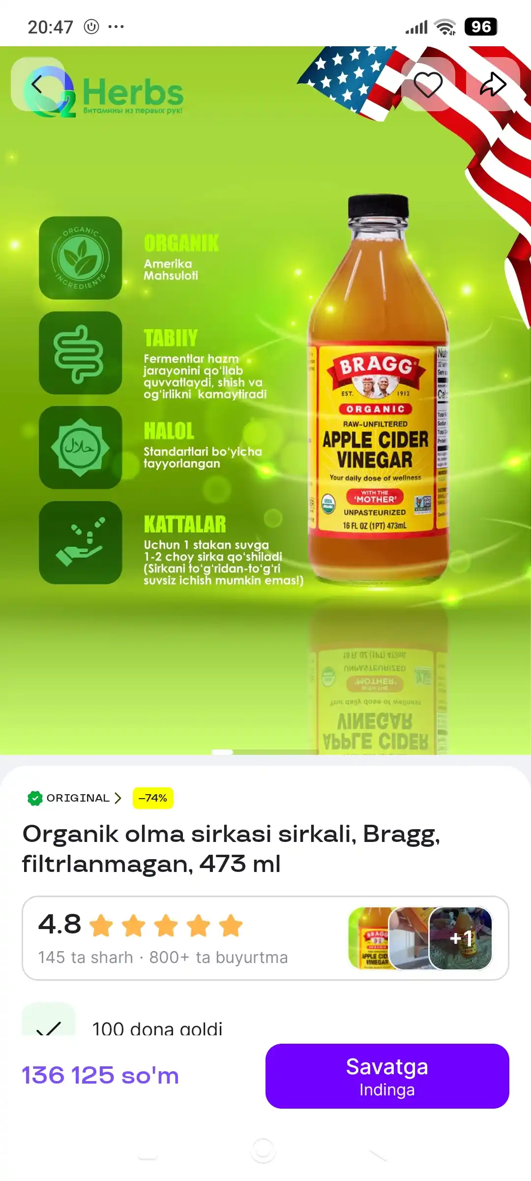 Bragg sirkali organik olma sirkasi, filtrlanmagan, 473 ml