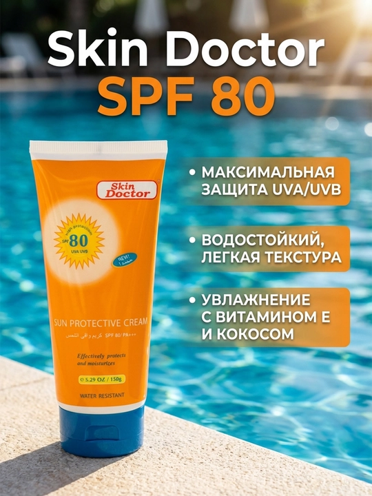 Quyoshdan himoyalovchi Skin Doctor SPF, 150 ml, 80 PФ+++, E vitamini, kokos moyi