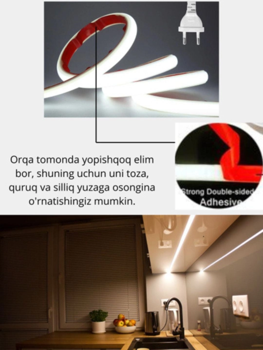 Oshxona ish joyini yoritish uchun chiroqlari, yopishtiriluvchi COB LED lenta, 220V