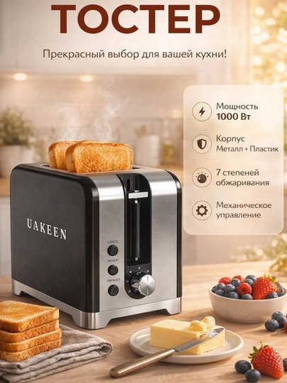 Тостер UAKEEN ZL-2104 — стильный дизайн, 2 тоста, 1000 Вт — STARNIK-TOSTER-ЧЕРН