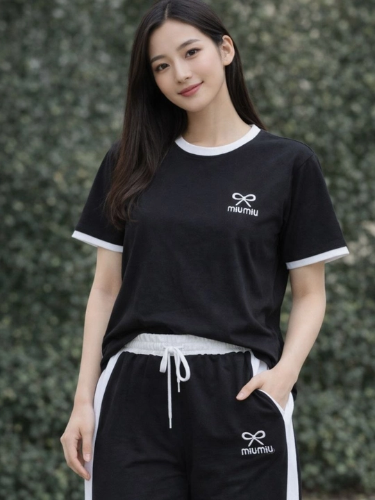 Ayollar uchun sport Sakura printli dvoyka костюм MiuMiu uslubida | Yozgi qulay set (44–52)