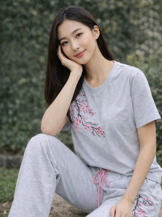 Ayollar uchun sport Sakura printli dvoyka костюм MiuMiu uslubida | Yozgi qulay set (44–52)