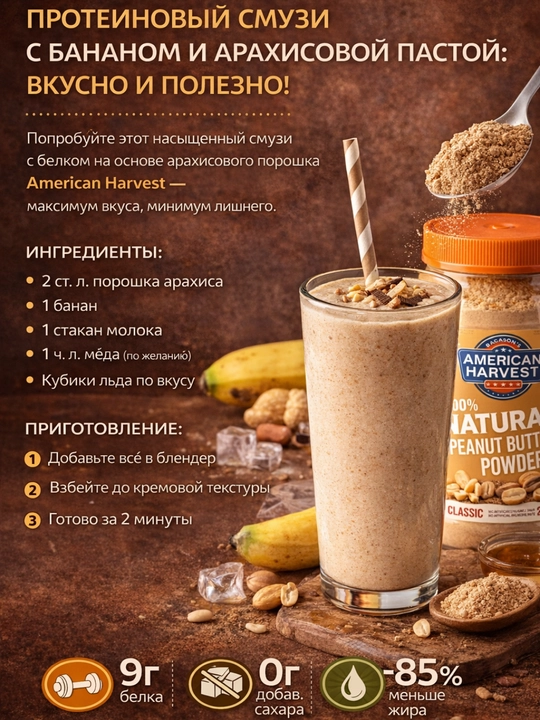Арахисовая паста в порошке American Harvest, 227 г, без сахара, высокобелковая