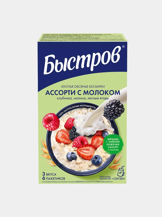 Bistrov qulupnay, malina va o‘rmon mevalari tamli tez tayyorlanadigan suli bo‘tqasi, 240 g