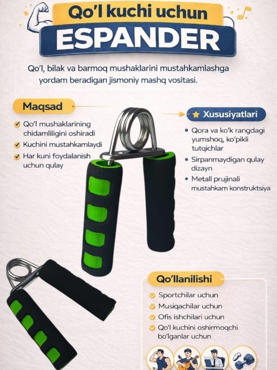 Prujinali cho‘tkali espander, qo‘l trenajyori - 