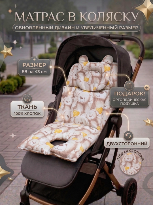 Матрас для коляски детский, вкладыш в автокресло, на стульчик, Мир ЖоЖо - 