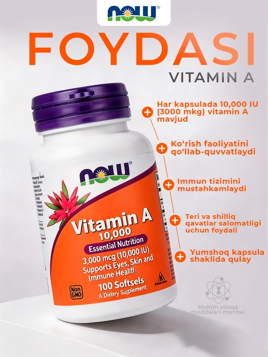 NOW Foods A vitamini 10 000 IU (3000 mkg), 100 ta yumshoq tabletka