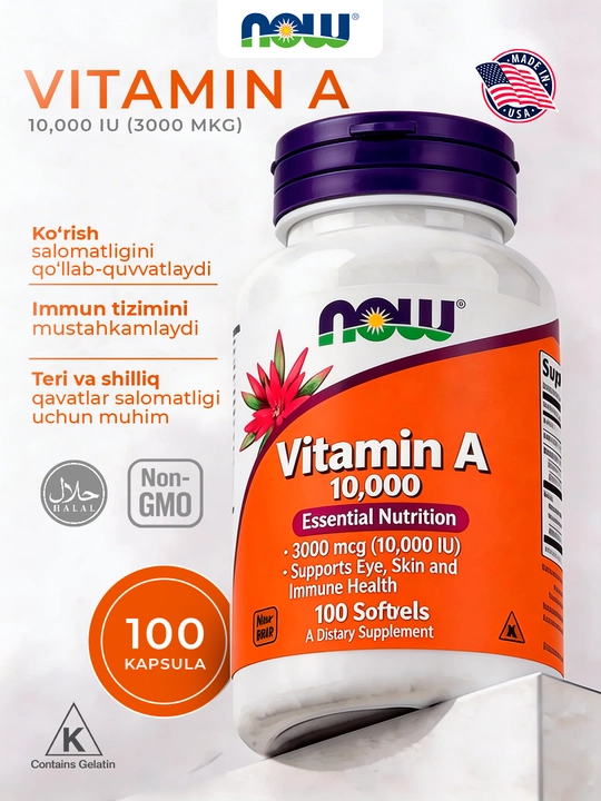 NOW Foods A vitamini 10 000 IU (3000 mkg), 100 ta yumshoq tabletka