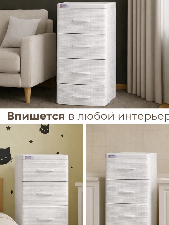 Комод пластиковый, 4 ящика, плетёная фактура, ротанг стиль, хранения одежды и аксессуаров