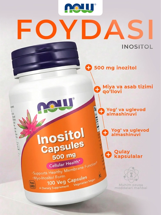 NOW Foods, Inositol, 500 mg, 100 ta o‘simlik kapsulasi