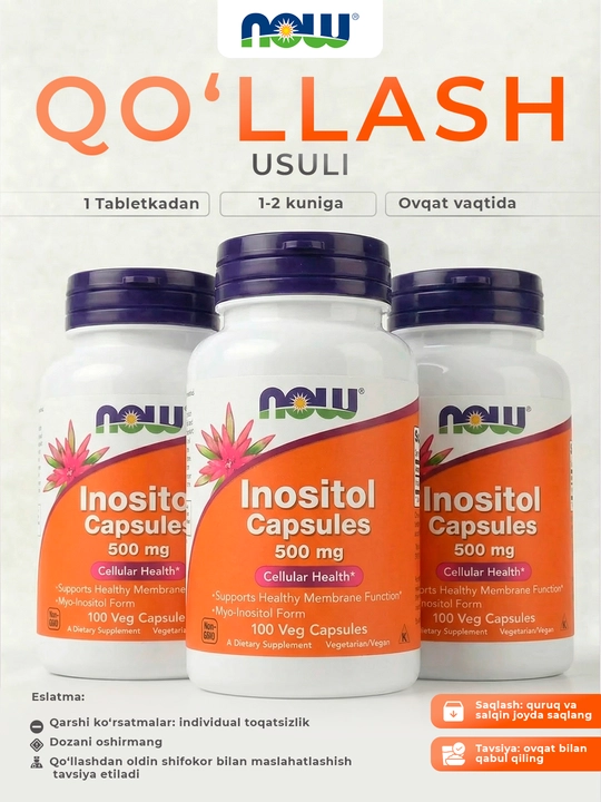 NOW Foods, Inositol, 500 mg, 100 ta o‘simlik kapsulasi