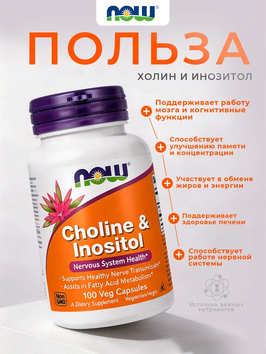 NOW Foods, Xolin va inozitol, 100 ta kapsula