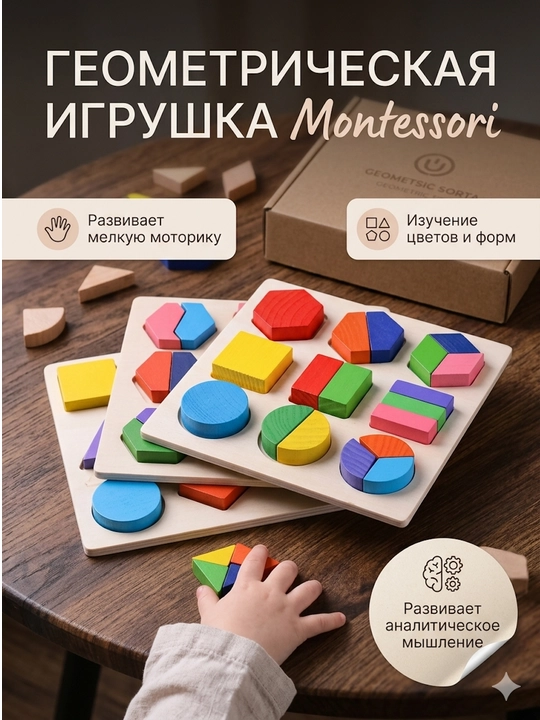 Yog‘ochli geometrik Montessori sorteri, ranglar va shakllarni o‘rganish uchun - 