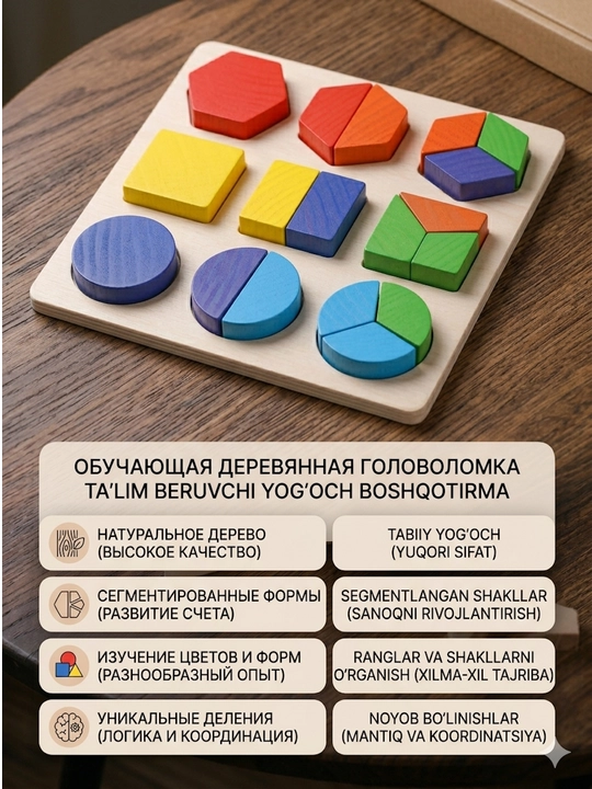 Yog‘ochli geometrik Montessori sorteri, ranglar va shakllarni o‘rganish uchun