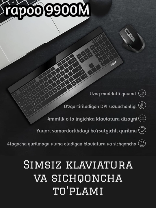 Simsiz klaviatura va sichqoncha to'plami 4tagacha qurilmaga ulanish Rapoo 9900M - 