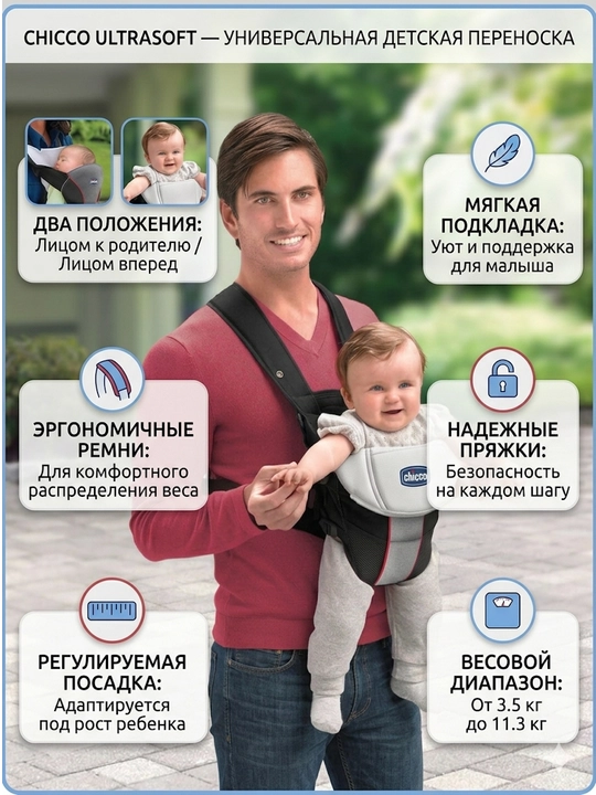 Рюкзак-кенгуру Chicco UltraSoft, 2-х позиционный слинг для переноски детей