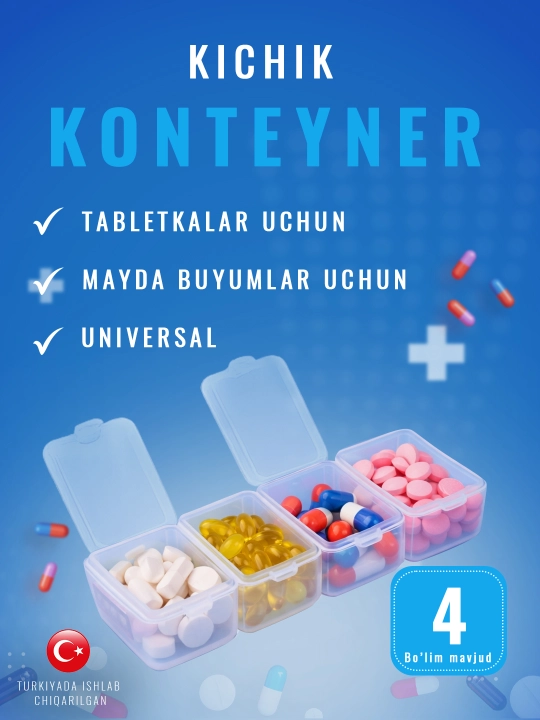 Dori saqlash qutisi (tabletnitsa), kunlik bo‘linmali, ixcham plastik konteyner
