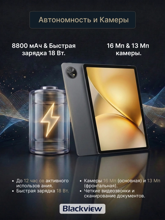 Планшет Blackview Zeno 10 8/256GB 10.95" 90Hz 5G, Shadow Black + часы Blackview X5